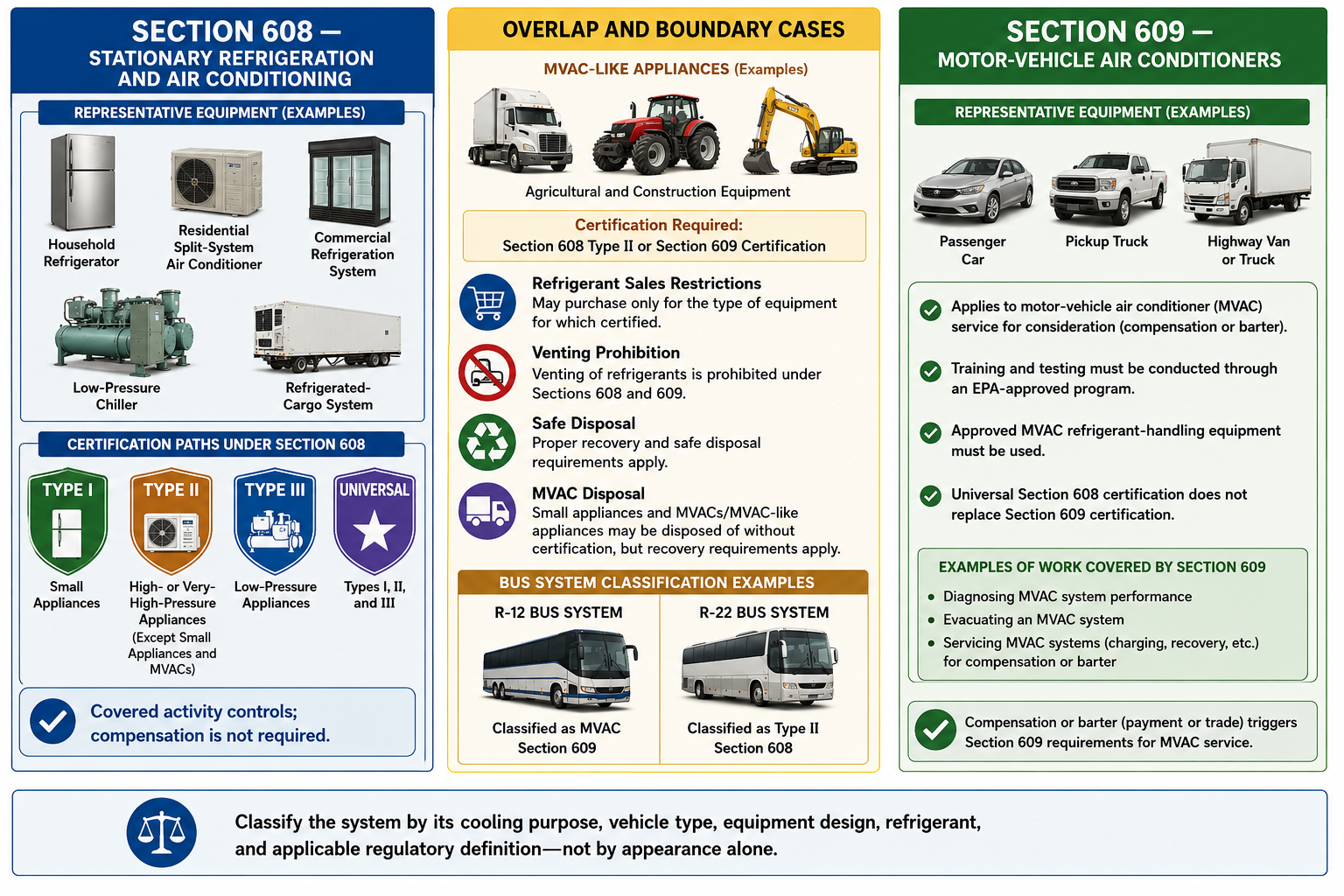 Comparison of Section 608 stationary refrigeration certification Section 609 motor vehicle air-conditioning certification and the overlap for MVAC-like appliances refrigerant sales venting and disposal